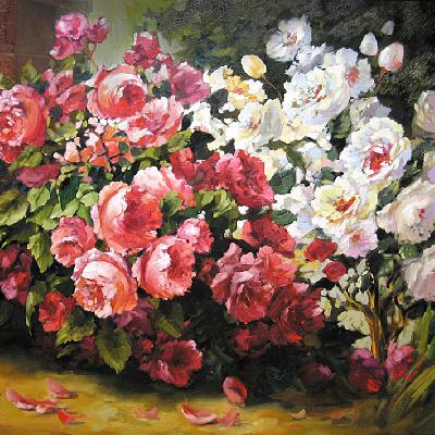 Цветы в саду — натюрморт маслом на холсте