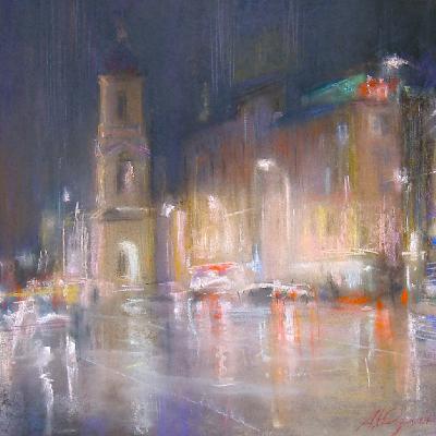 Дождь. Тверской проспект — картина пастелью на картоне