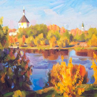 Осенний пейзаж Твери — картина маслом на холсте