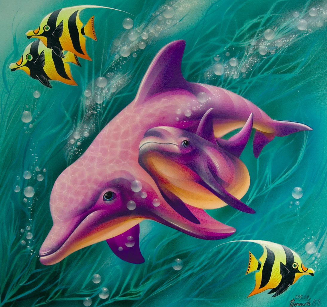Дельфины — декоративная картина маслом на оргалите