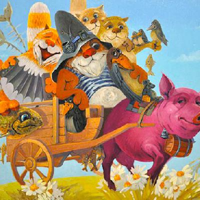 Коты едут на свинье — картина в детскую комнату