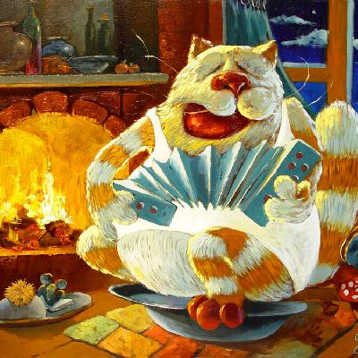 Смешной кот с гармошкой — картина маслом на холсте