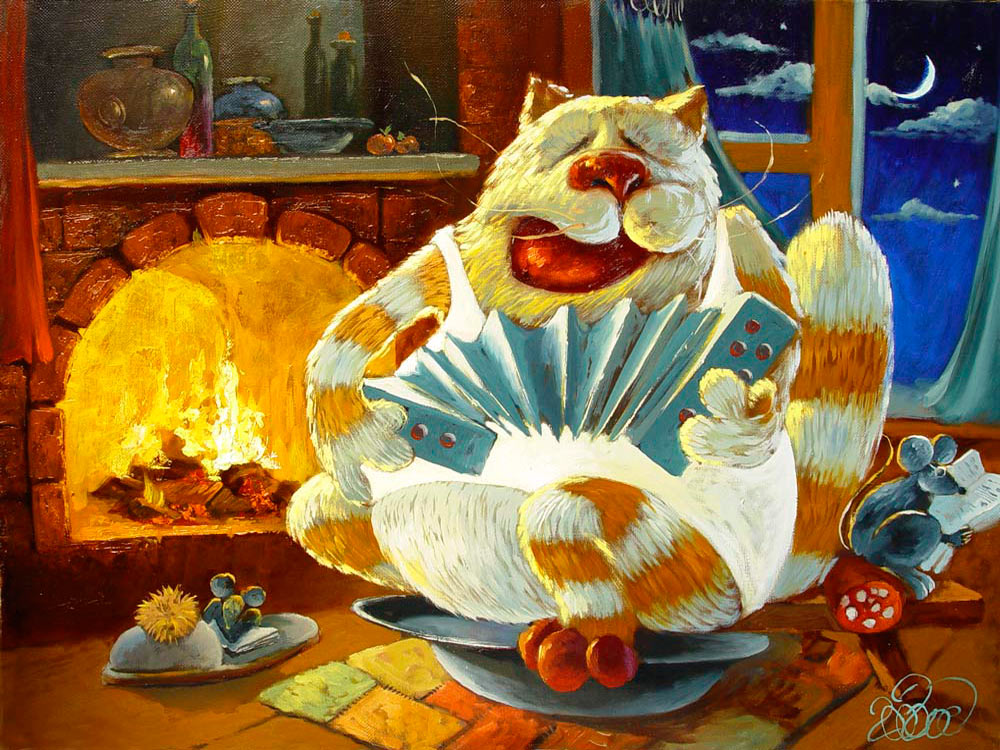 Смешной кот с гармошкой — картина маслом на холсте