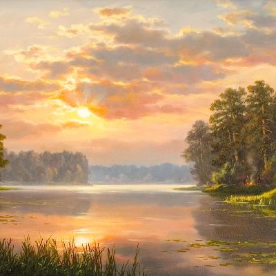 Закат Солнца на реке — картина маслом на холсте