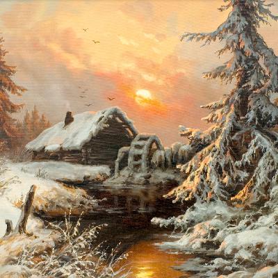 Закат. Зимний пейзаж — картина маслом на холсте