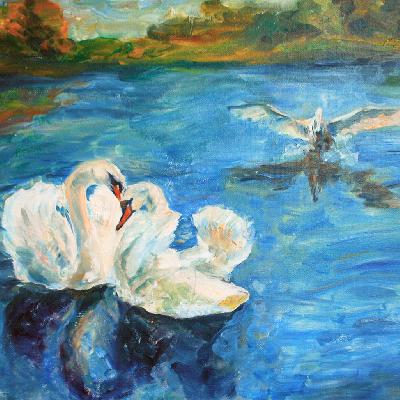 Картина с лебедями — живопись маслом на холсте