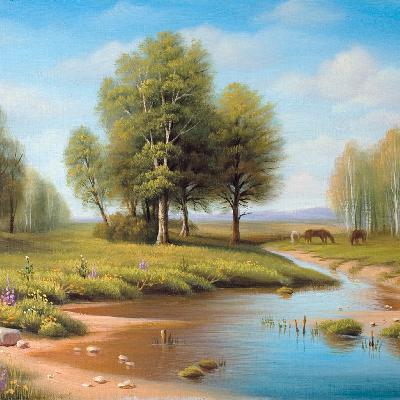 Летний пейзаж с речкой — картина маслом на холсте