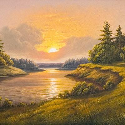 Закат на реке. Солнце — картина маслом на холсте