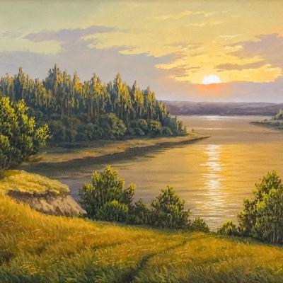 Закат на реке. Пейзаж — картина маслом на холсте