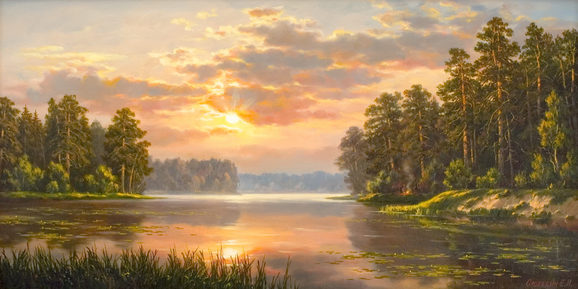 Закат Солнца на реке — картина маслом на холсте