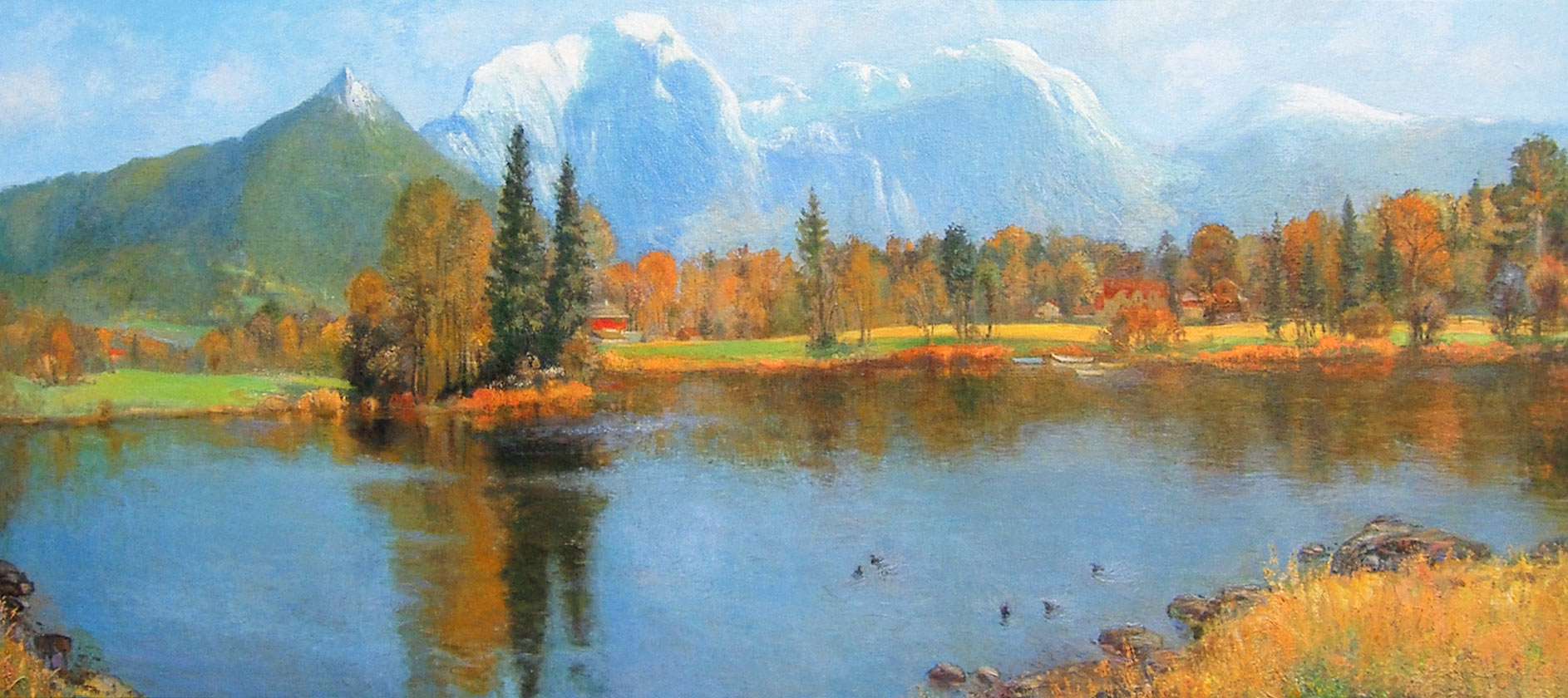 Озеро. Горный пейзаж — картина маслом на холсте