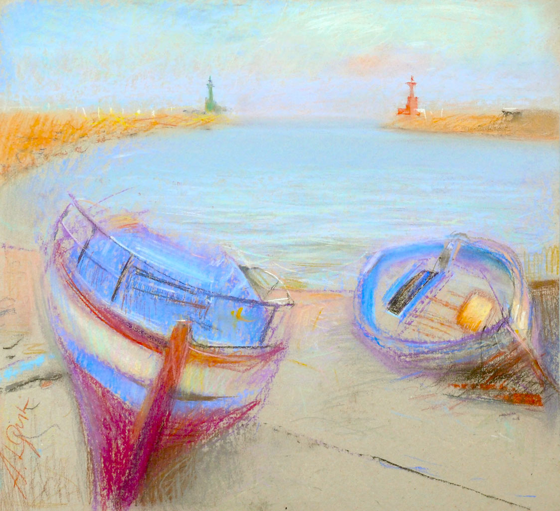 Лодки. Морской пейзаж — картина пастелью на картоне