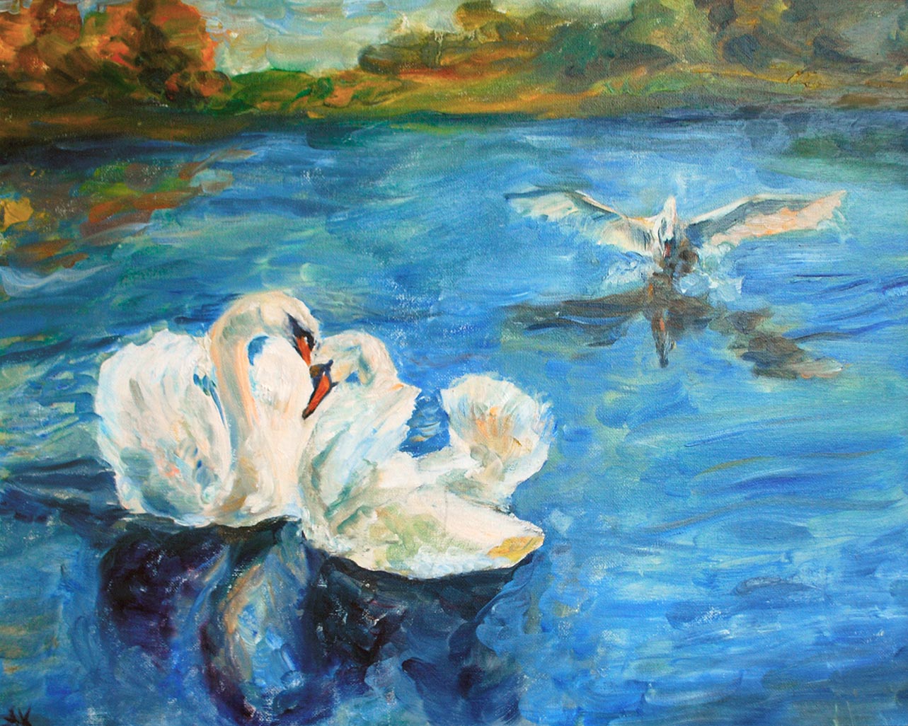 Картина с лебедями — живопись маслом на холсте