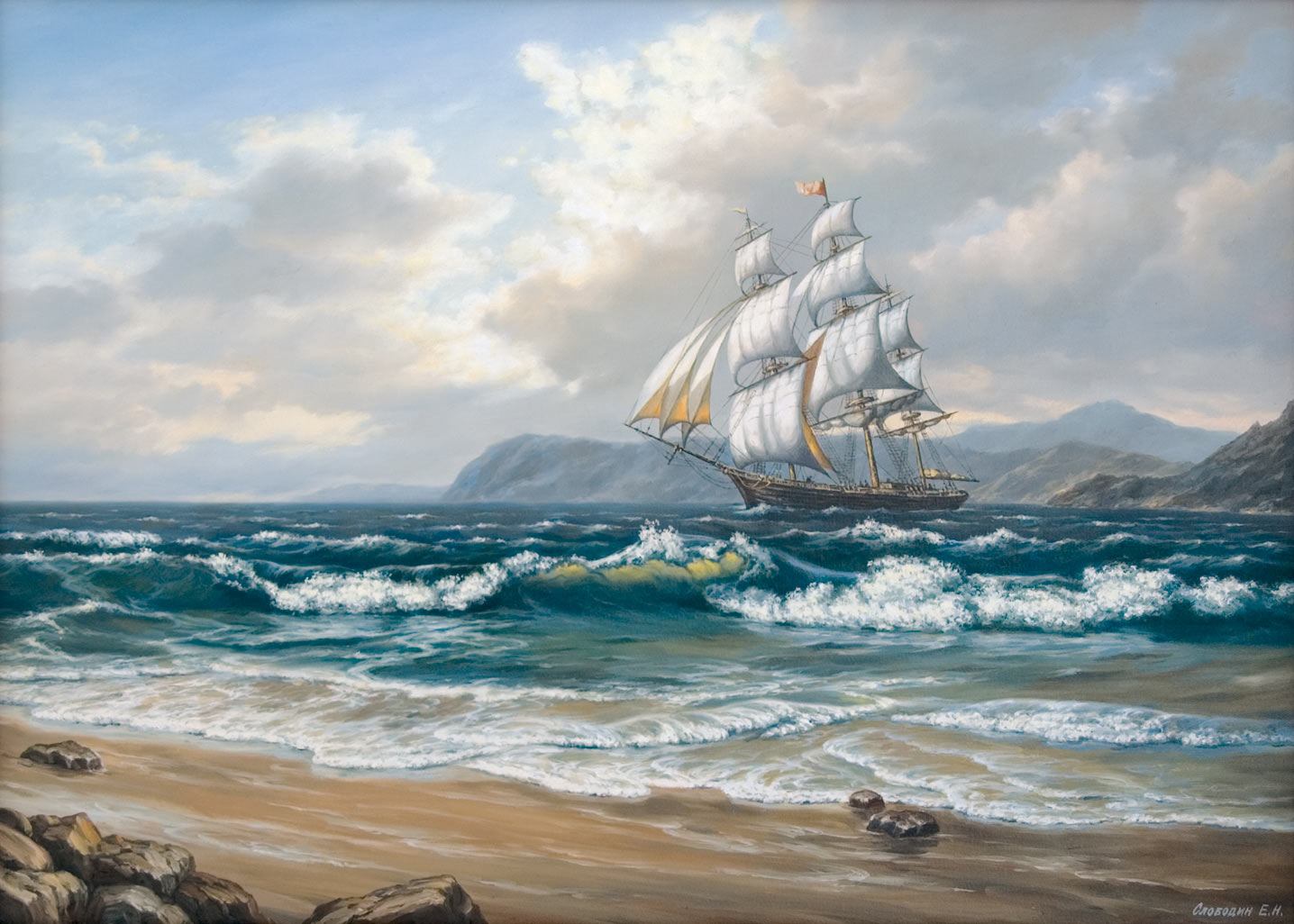 Морской пейзаж с парусником — картина маслом