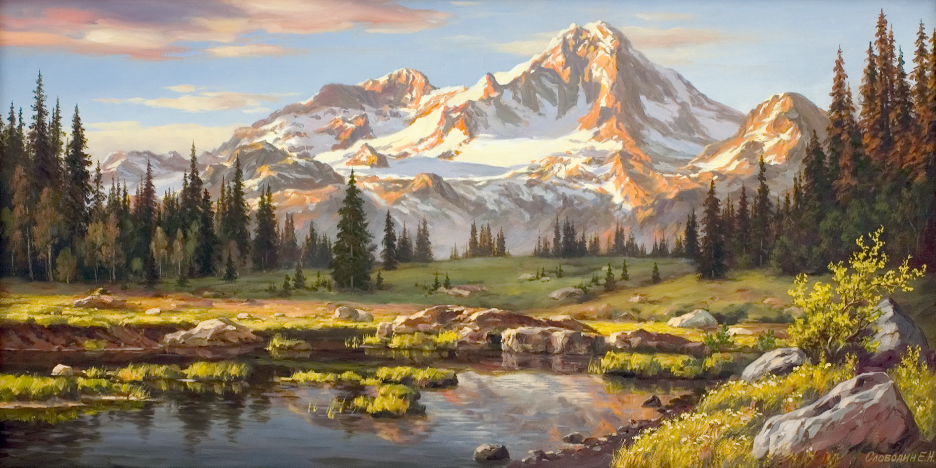 Горный пейзаж с озером — картина маслом на холсте