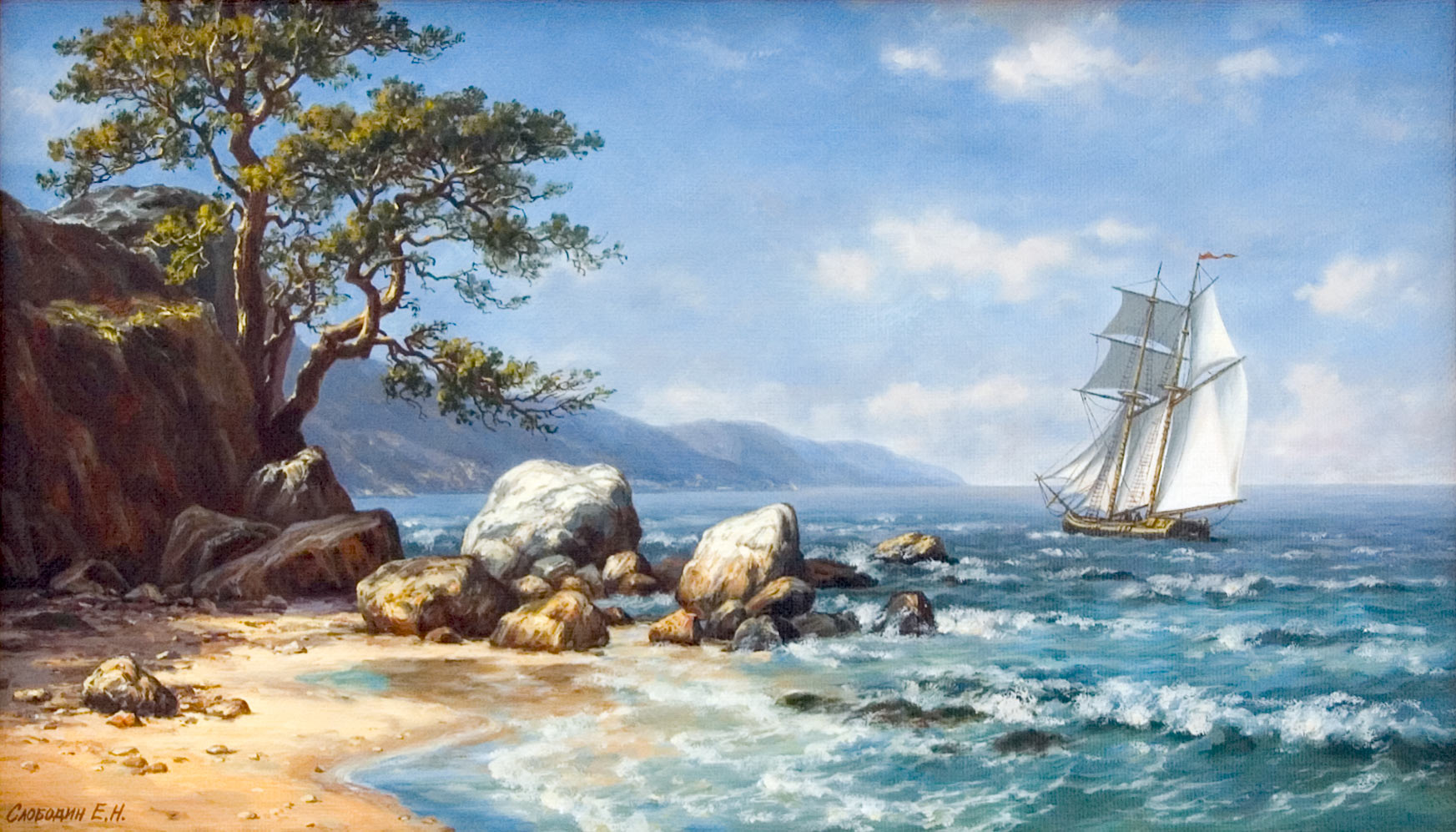 Парусник у берега моря — картина маслом на холсте