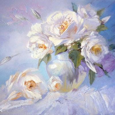 Букет белых роз — натюрморт маслом на холсте