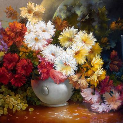 Цветы хризантемы — натюрморт маслом на холсте