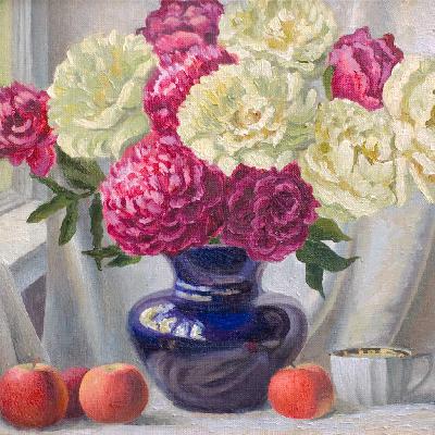 Яблоки и цветы — натюрморт маслом на холсте