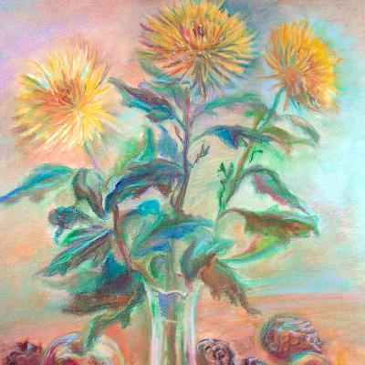Натюрморт. Хризантемы — картина пастелью на бумаге