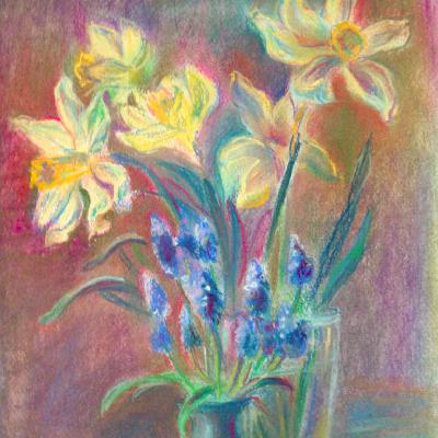 Нарциссы и гиацинты — картина пастелью на бумаге