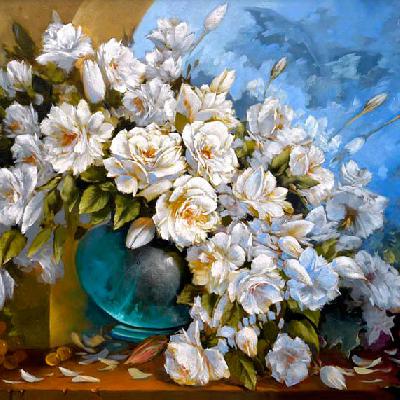 Натюрморт. Белые розы — картина маслом на холсте