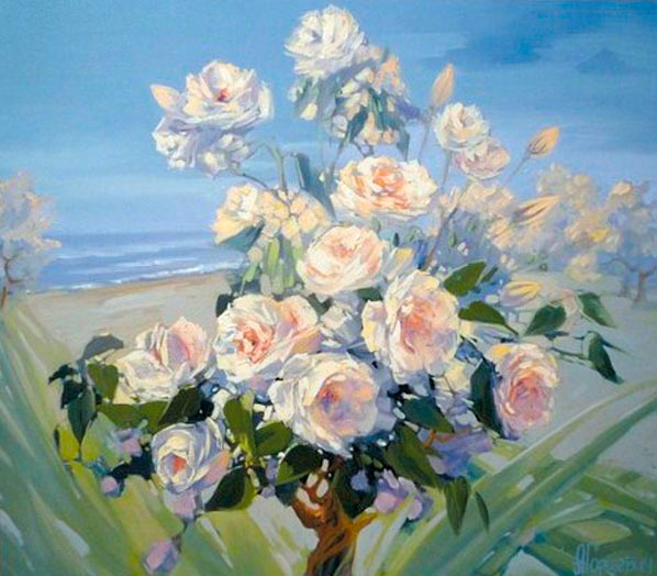 Белые розы в саду — живопись маслом на холсте