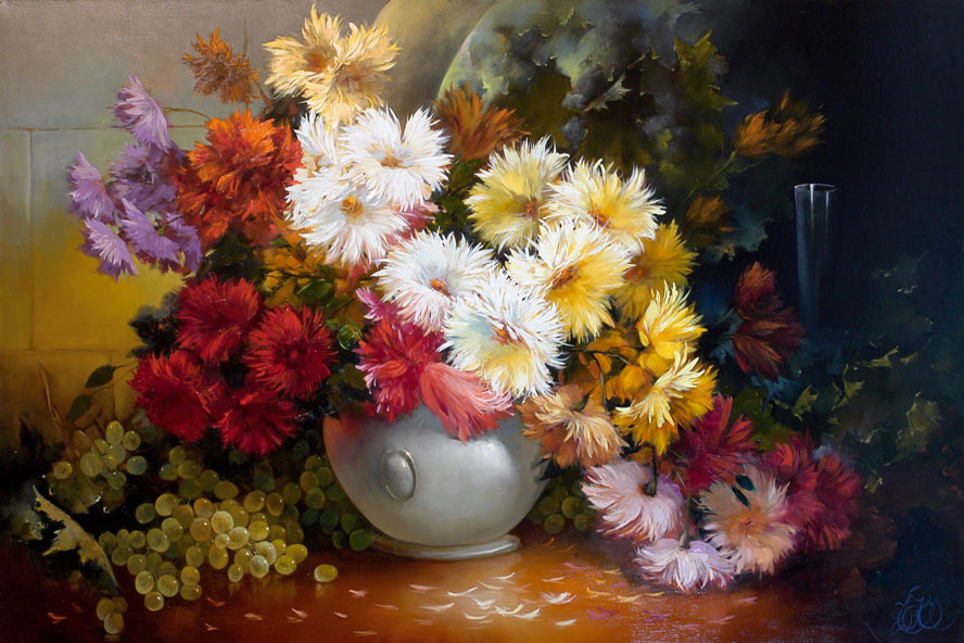 Цветы хризантемы — натюрморт маслом на холсте