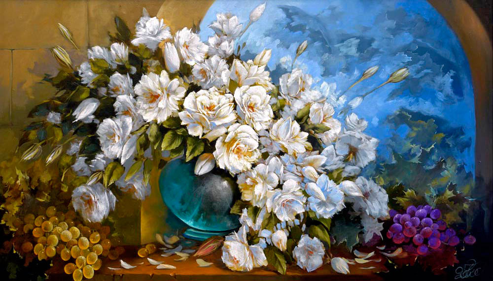 Натюрморт. Белые розы — картина маслом на холсте