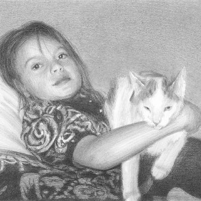 Девочка с кошкой — картина карандашом