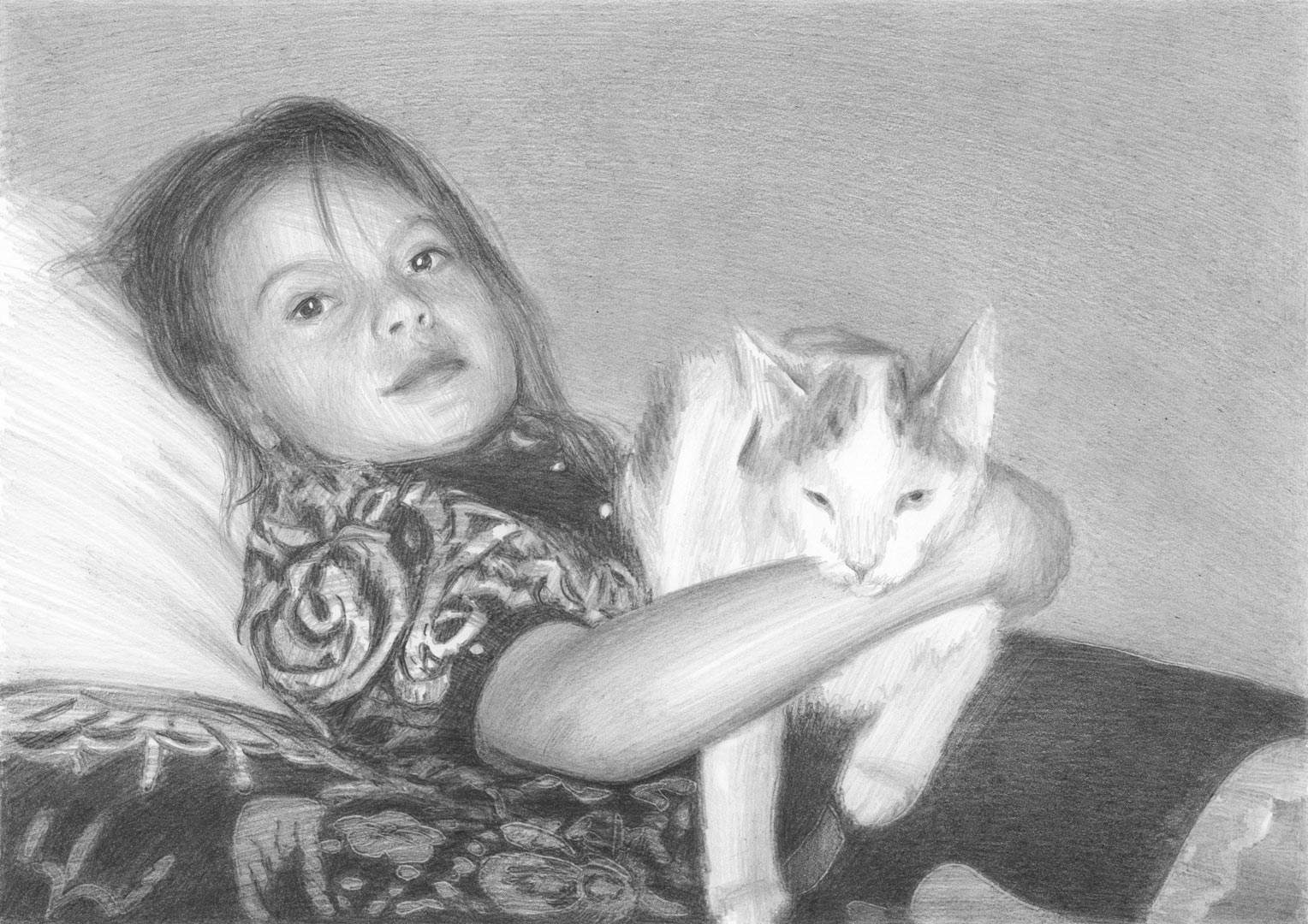Девочка с кошкой — портрет карандашом